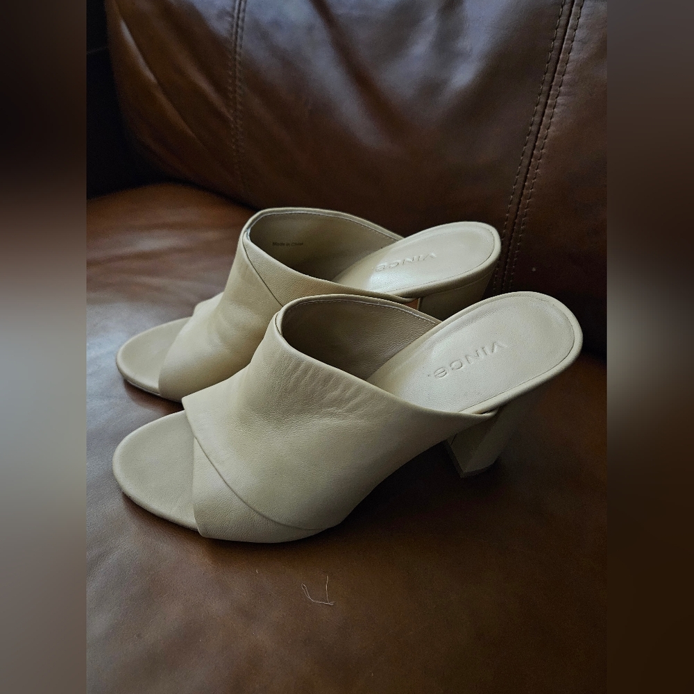 Vince Heath Sandals Mules Heels Leather Size 7 Eu 37 Tan